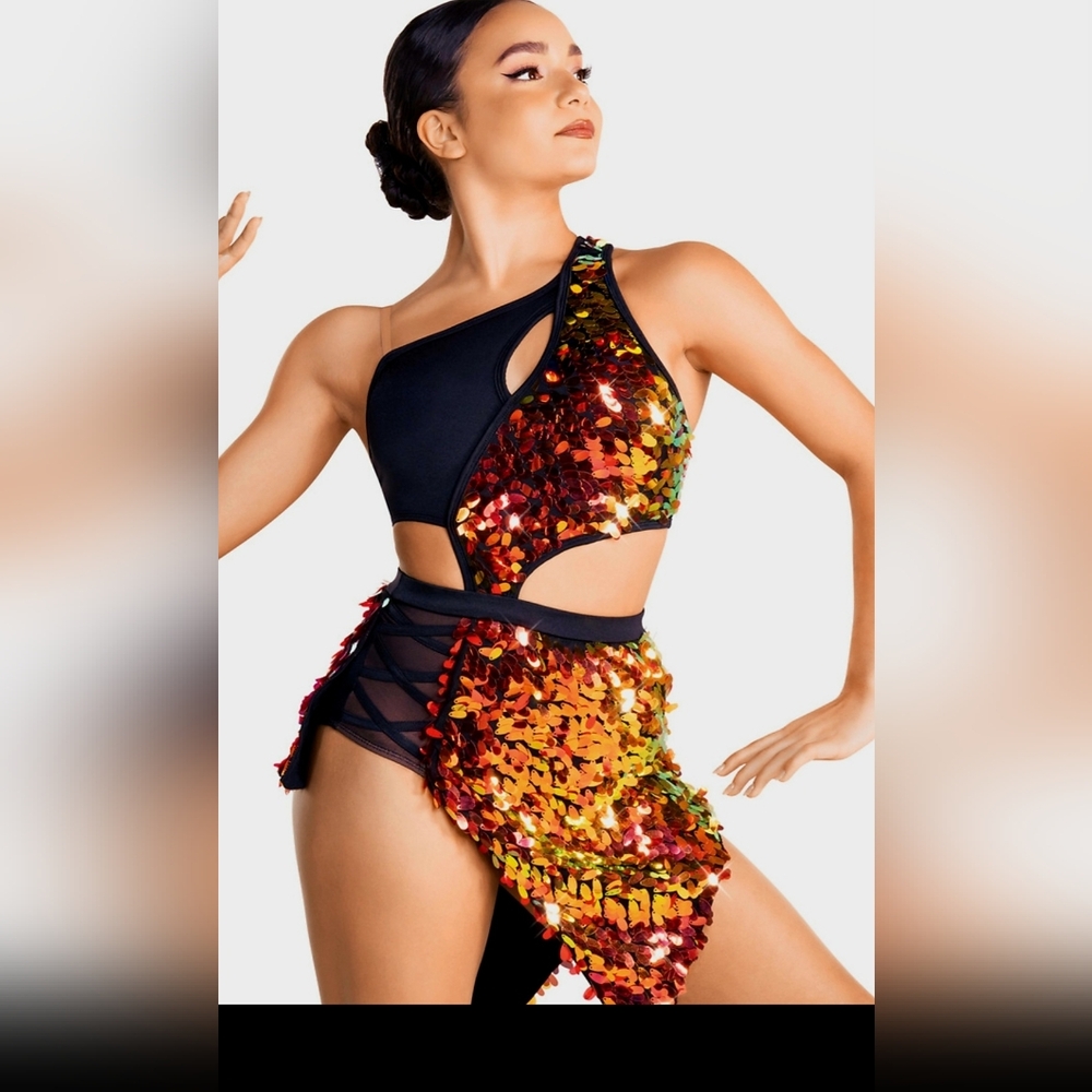 Sequin Asymmetrical Black and Orange Dress